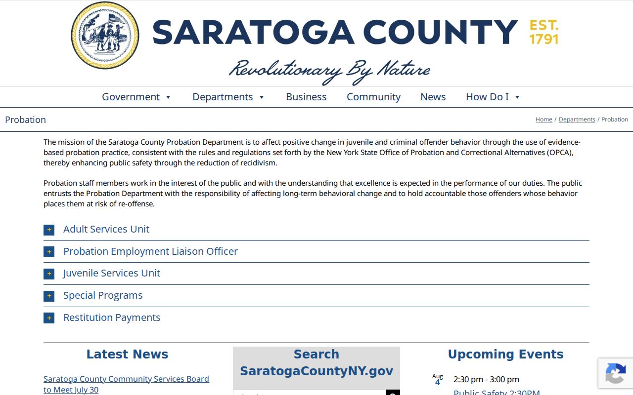 Saratoga County criminal history Probation Department programs
