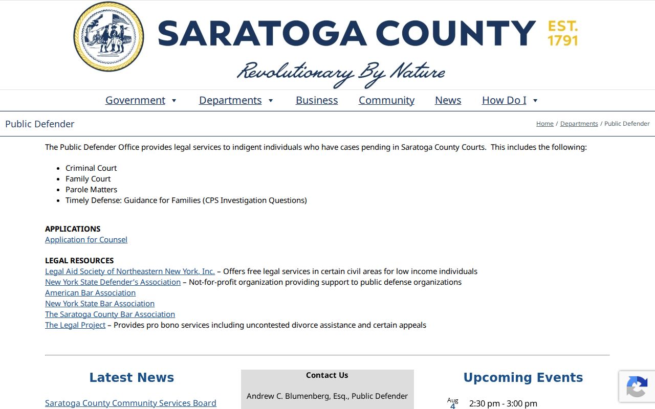 Saratoga County criminal history Public Defender services