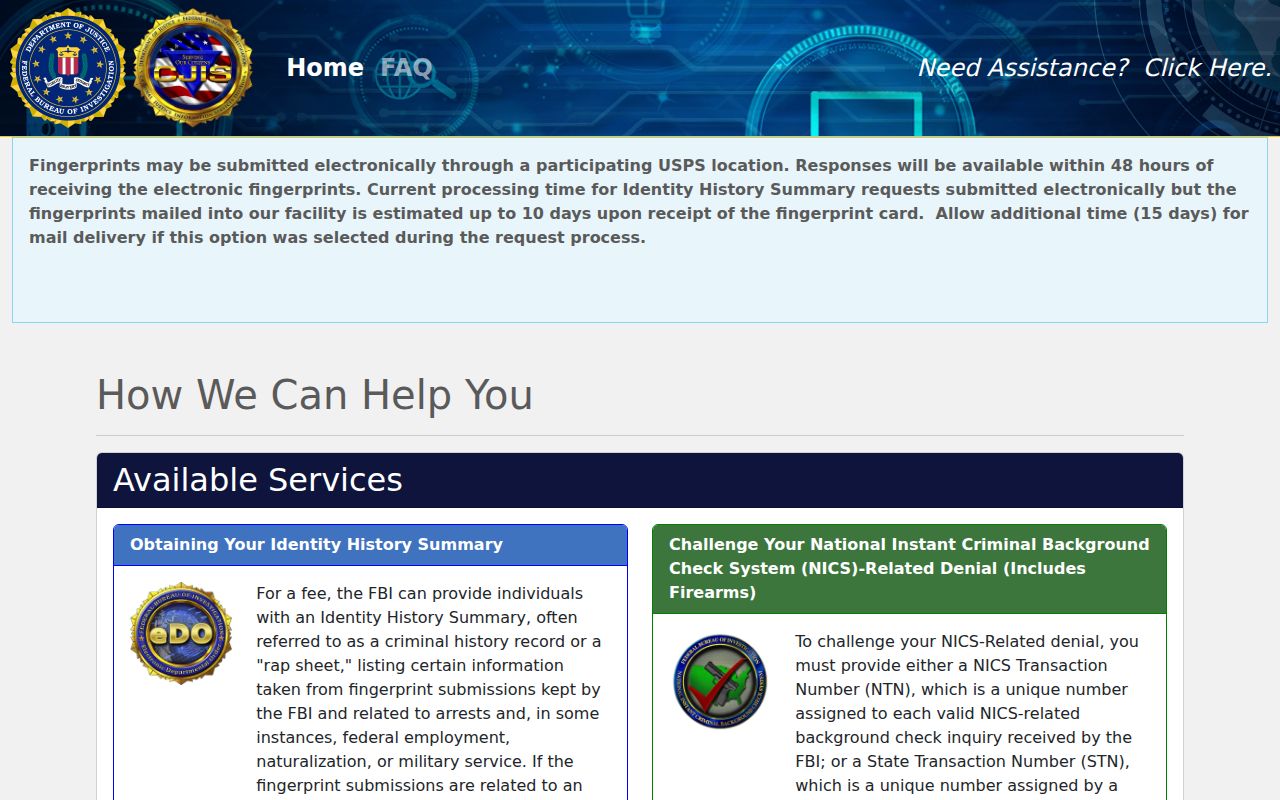 FBI identity history portal for a subject's own Saratoga County arrest records