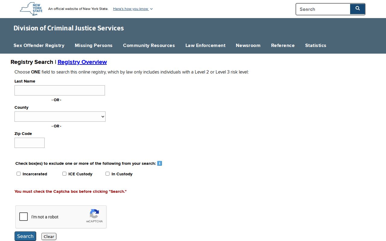 New York State Sex Offender Registry public search page for Saratoga County lookups