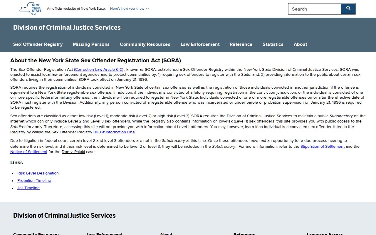 DCJS legal and risk-level information for Saratoga County registry records