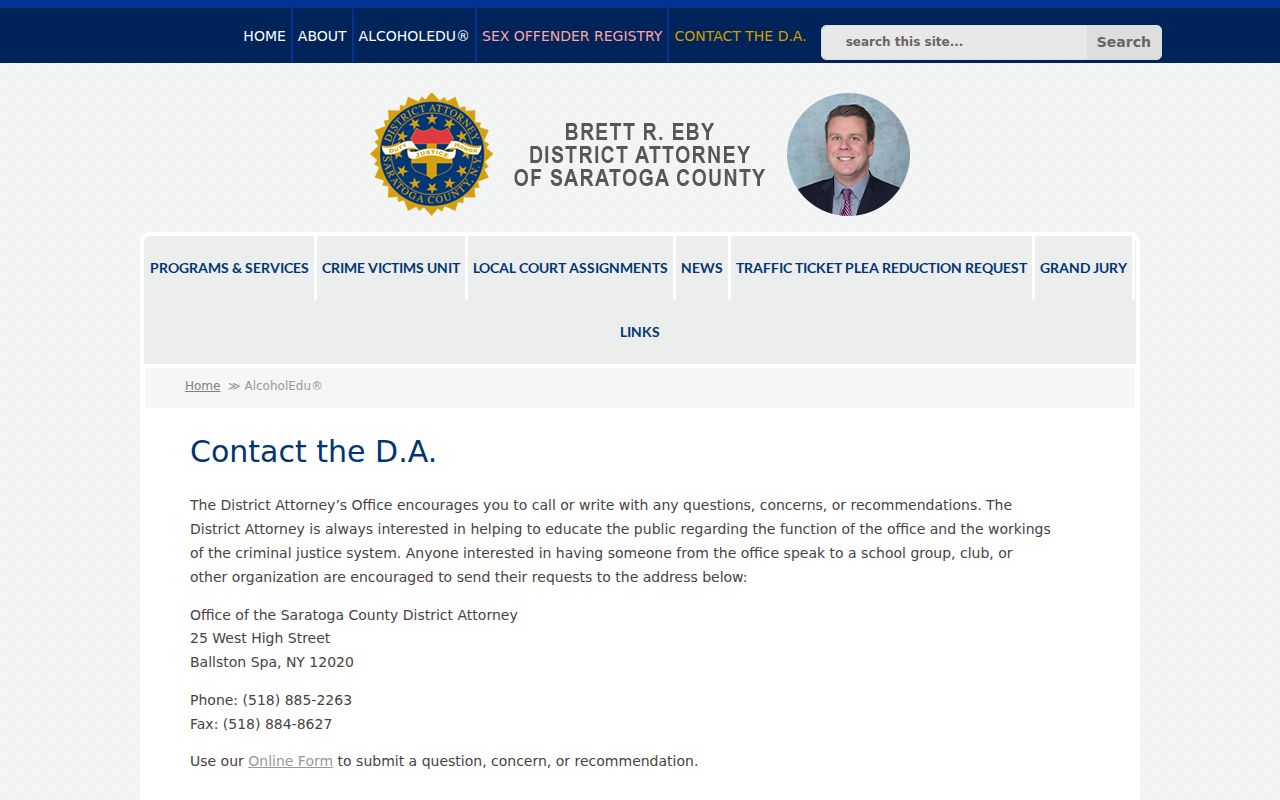 Saratoga Springs criminal case records and District Attorney contact channel